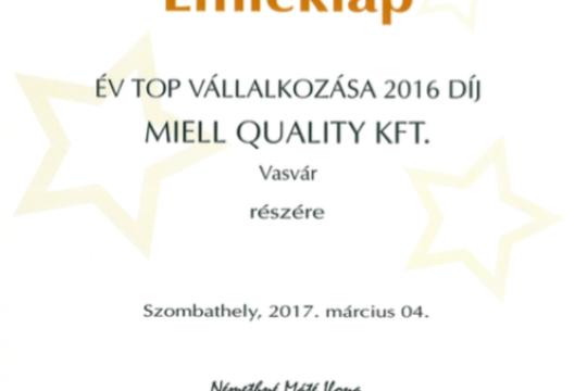 Az év top-vállalkozása díjazott a MIELL Quality!